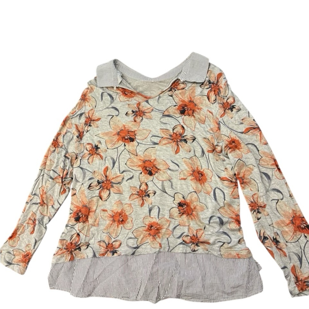Valarie Steven’s Collared Blouse Size 2X Grey Large Orange Florals Pin Stripes